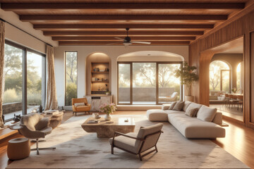 A photo of modern livingroom interior design: A living room filled with furniture and a ceiling fan.