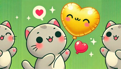 Naklejka premium Cartoon cats holding heart balloons in a playful, colorful illustration