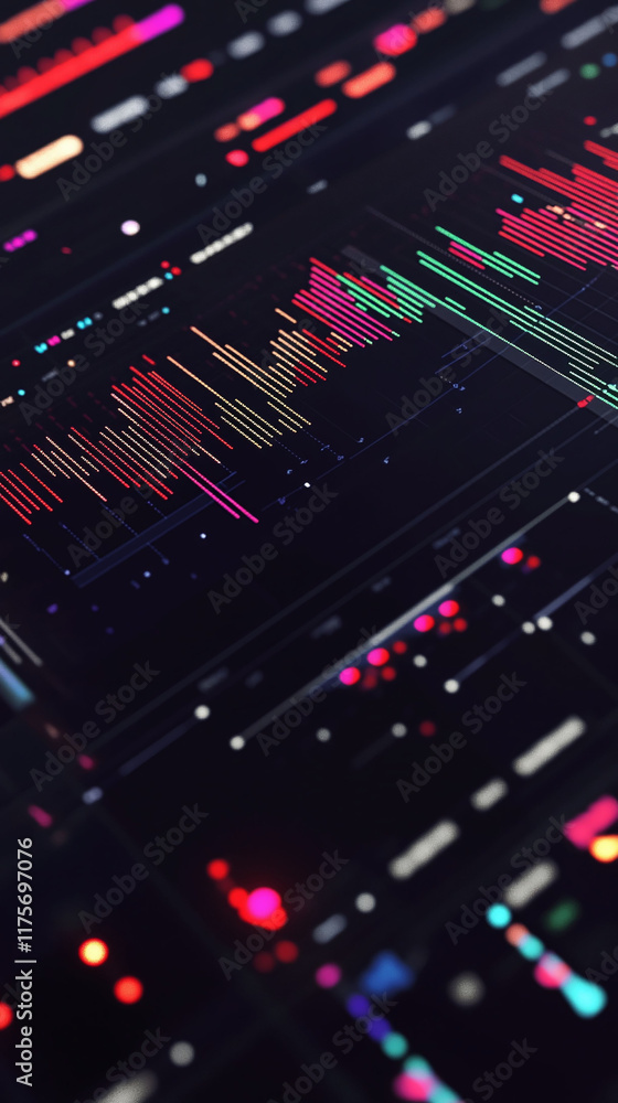 Poster pixel financial market summary with graphs and indicators for global performance.