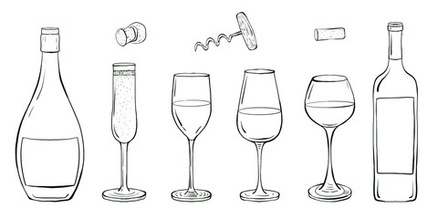 Set of wine bottles and glasses. Graphic hand drawn illustration in sketch style. Food line art design element for use in menu design, drink labels, print, templates, invitations.