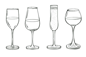 Set of wine glasses. Graphic hand drawn illustration in sketch style. Food line art elements for use in menu design, drink labels, print, templates, invitations.