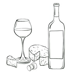Graphic illustration of wine bottle, glass and cheese. French aperitif hand drawn illustration in sketch style. Design element for use in menu design, drink labels, print, templates, invitations.