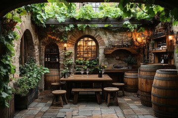 Rustic Wine Cellar Courtyard With Wooden Table And Barrels