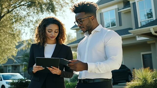 An insurance agent and homeowner stand side by side reviewing policy details on a digital tablet, the damaged home behind them illuminated by the clear sunlight.