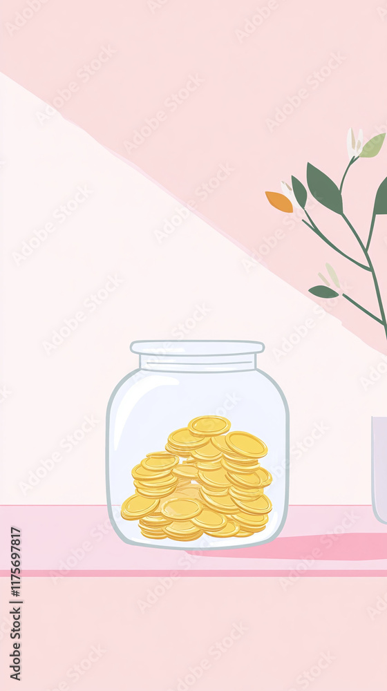 Poster pixel savings tracker graph with animated coins filling a jar.