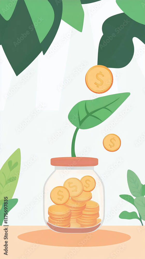 Poster pixel savings tracker graph with animated coins filling a jar.