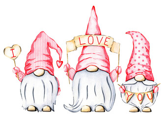 St. Valentine's day watercolor gnomes clipart isolated on white background. Holiday gnomes illustration. Watercolor dwarf. Cute character. Funny clipart.