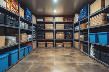 Organized Storage Room With Many Baskets And Boxes