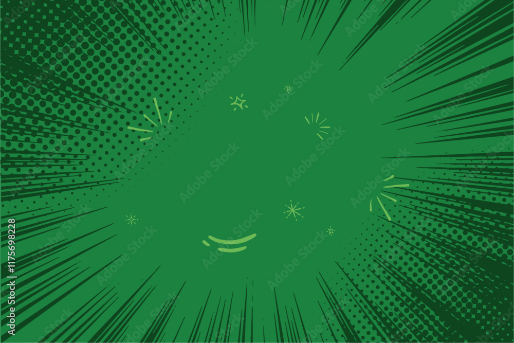Poster dynamic green comic book background with halftone and radial speed lines. perfect for action scenes.