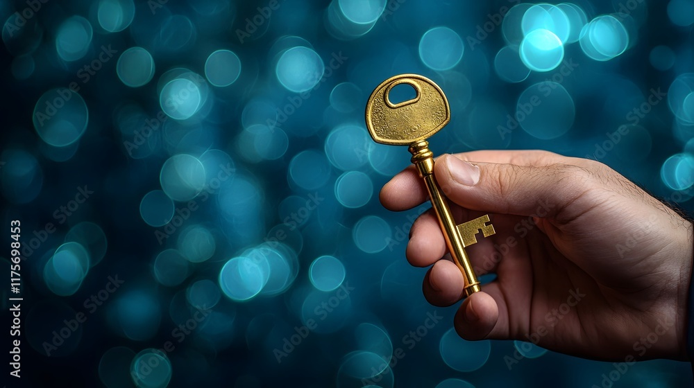 Poster close up of a hand firmly grasping a shiny golden key with a blurred business or office environment 