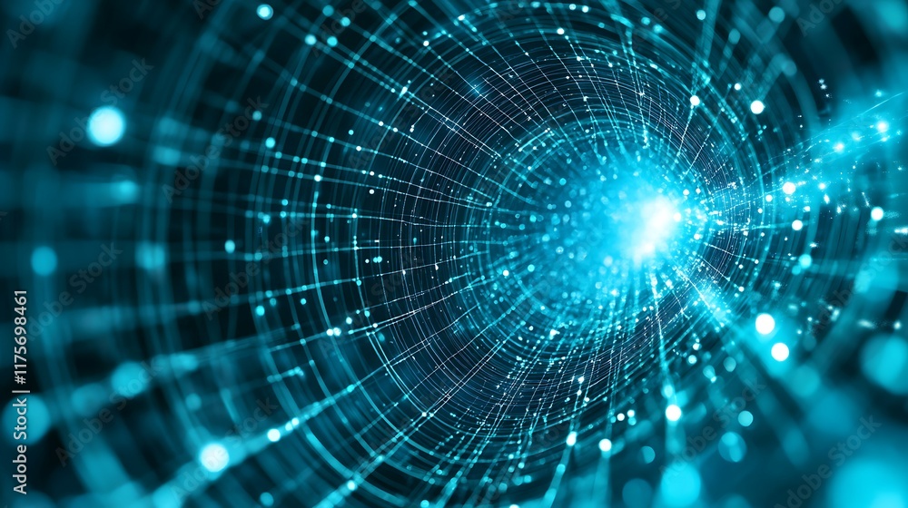 Poster abstract turquoise network tunnel of light and data