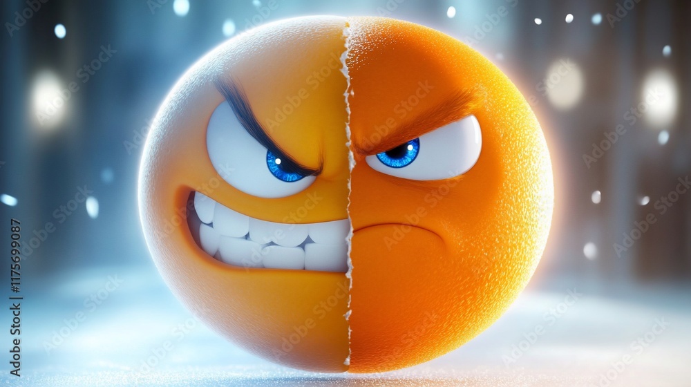 Poster a split orange sphere displaying contrasting angry and neutral expressions.