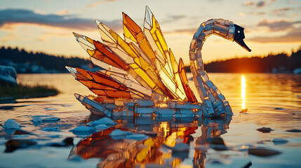 Crystal swan sculpture floats on calm water at sunset.
