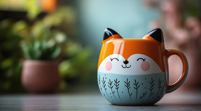 Fox Mug: A delightful ceramic mug with a charming fox design, perfect for adding a touch of whimsy to your morning coffee or tea. - Powered by Adobe