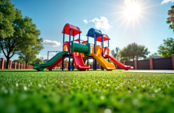 Colorful playground equipment sits on artificial turf. Kids play area cheerful, inviting on sunny day. Trees, fence around playground. Bright colors, sunny sky suggest fun, recreation for children.