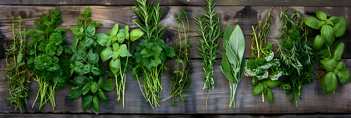 Aromatic Display: A Rustic Collection of Fresh Culinary and Medicinal Herbs on Wooden Background