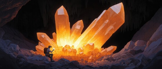 A miner explores a glowing cave filled with large, luminous crystals, illuminating the dark surroundings with a warm, orange light.