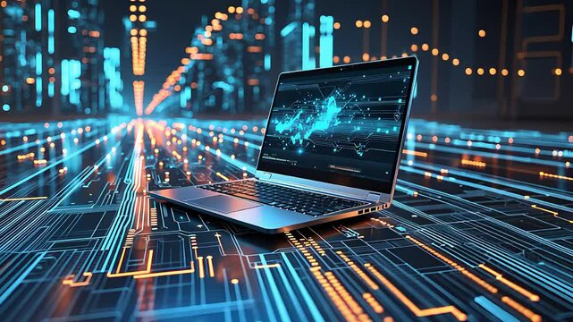 Modern Laptop on a Digital Grid with Futuristic Data Visualizations and Glowing Circuits in a High-Tech Setting

