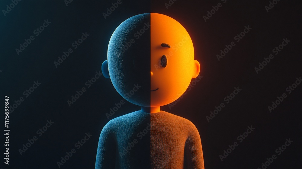 Poster a stylized character with a split-color design, showcasing contrasting emotions or themes.