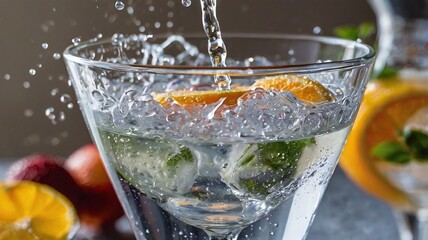 Focus on a glass with a cocktail covered with condensation, over which spray splashes fly