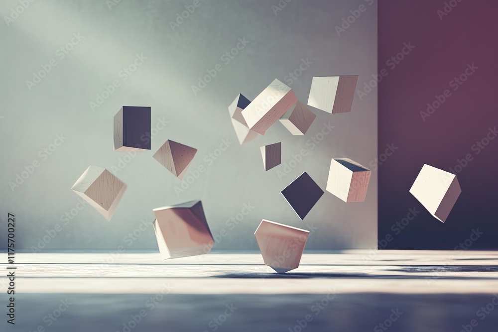 Poster creative display of fragmented geometric shapes floating in space symbolizing abstract problem-solvi