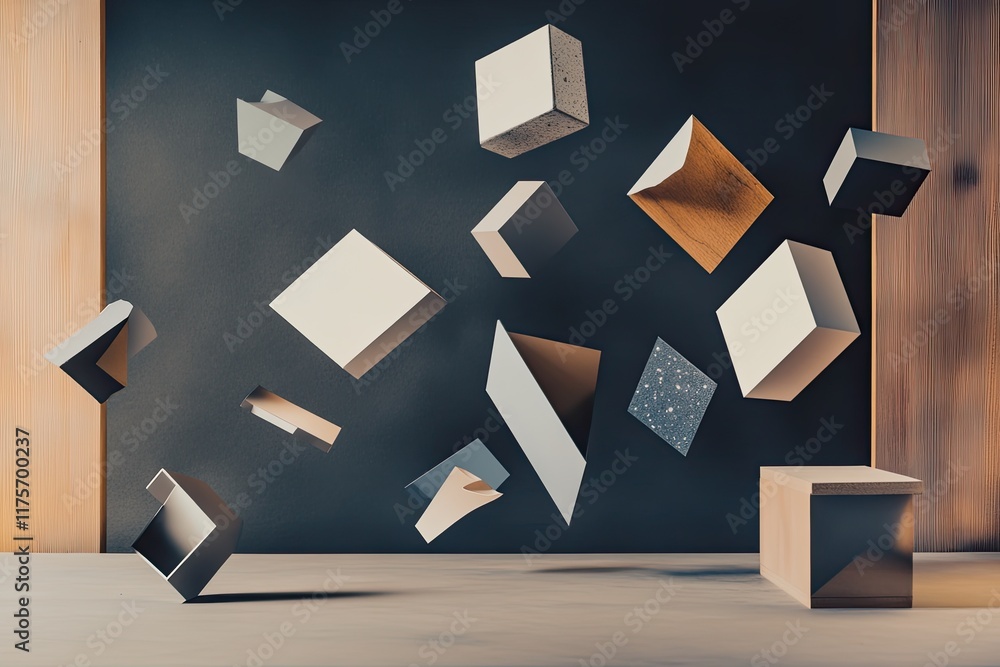Poster creative display of fragmented geometric shapes floating in space symbolizing abstract problem-solvi