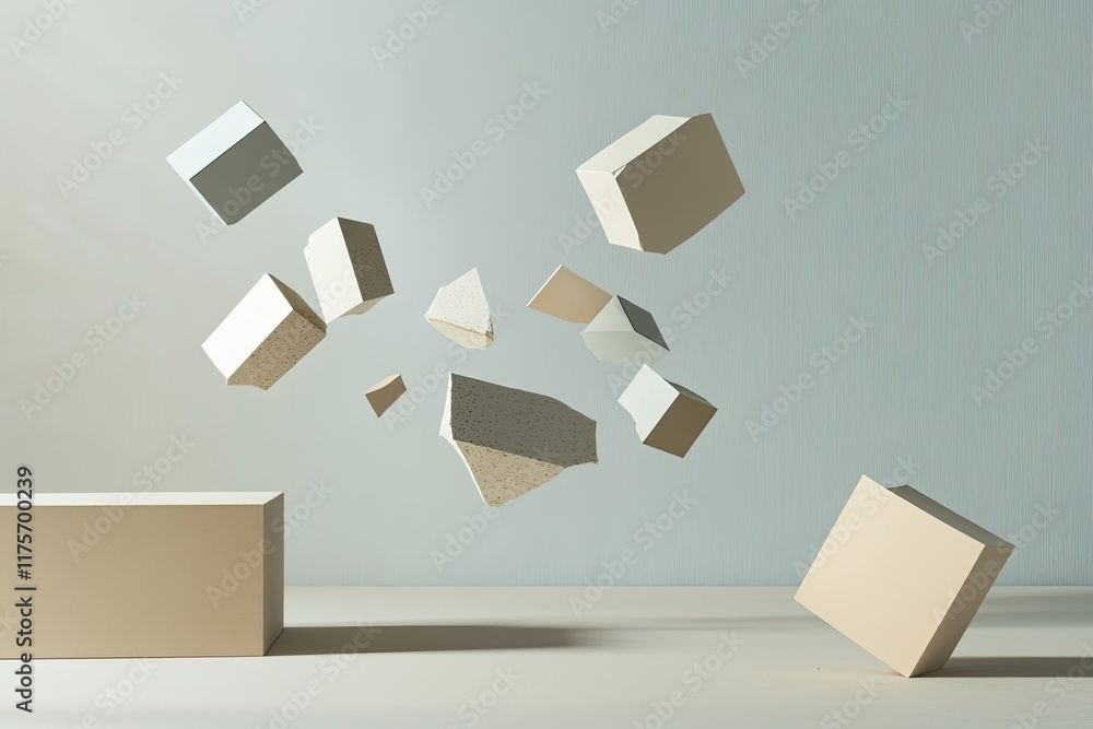 Poster creative display of fragmented geometric shapes floating in space symbolizing abstract problem-solvi