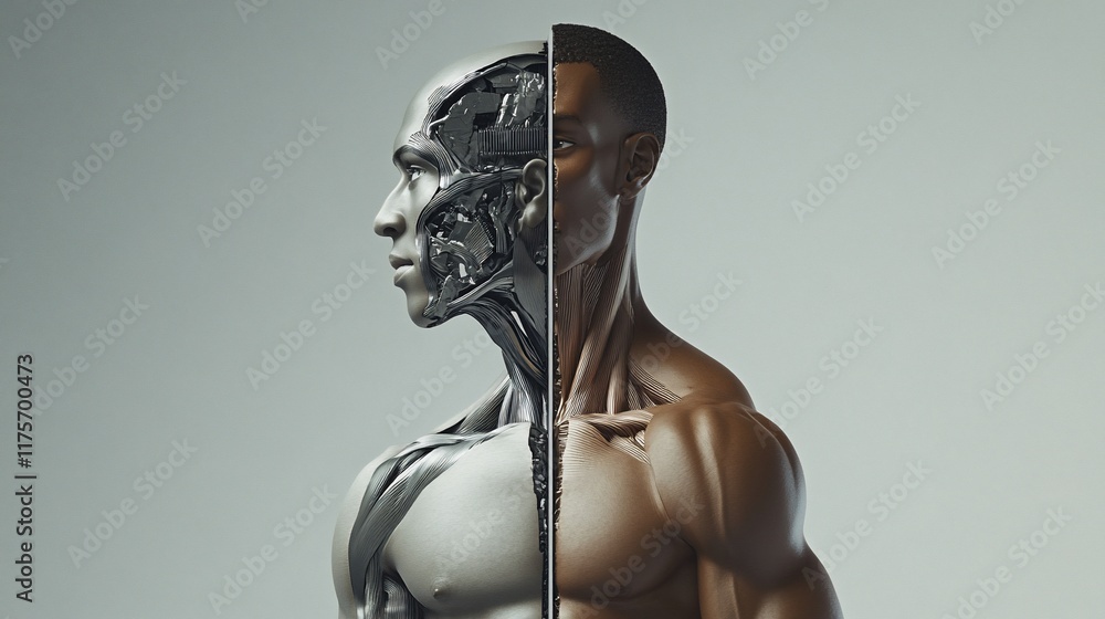 Poster a split image showcasing a human figure merged with a robotic counterpart, symbolizing technology.