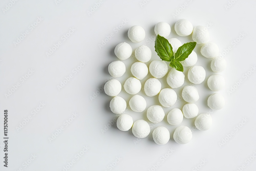 Poster collection of mini mozzarella balls arranged in circular pattern on white backdrop captured from abo