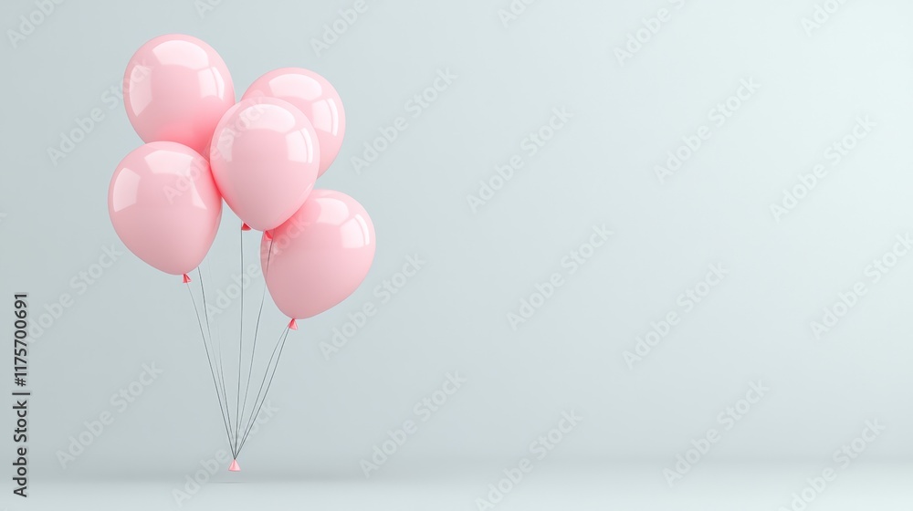 Poster five shiny pink balloons floating against a pale blue background, creating a festive atmosphere perf