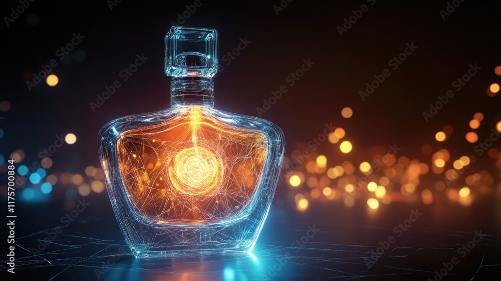 Poster dramatic 3d image of translucent perfume bottle with glowing core set against dark mysterious backgr