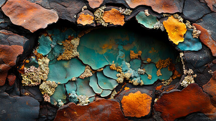 Colorful lichen patterns on a weathered rock surface.