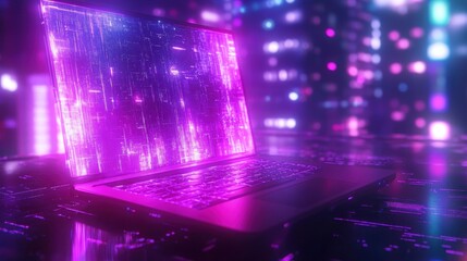 Futuristic laptop displaying vibrant purple and pink digital data streams against a blurred city lights backdrop.