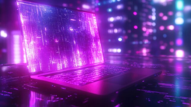 Futuristic laptop displaying vibrant purple and pink digital data streams against a blurred city lights backdrop. - Powered by Adobe