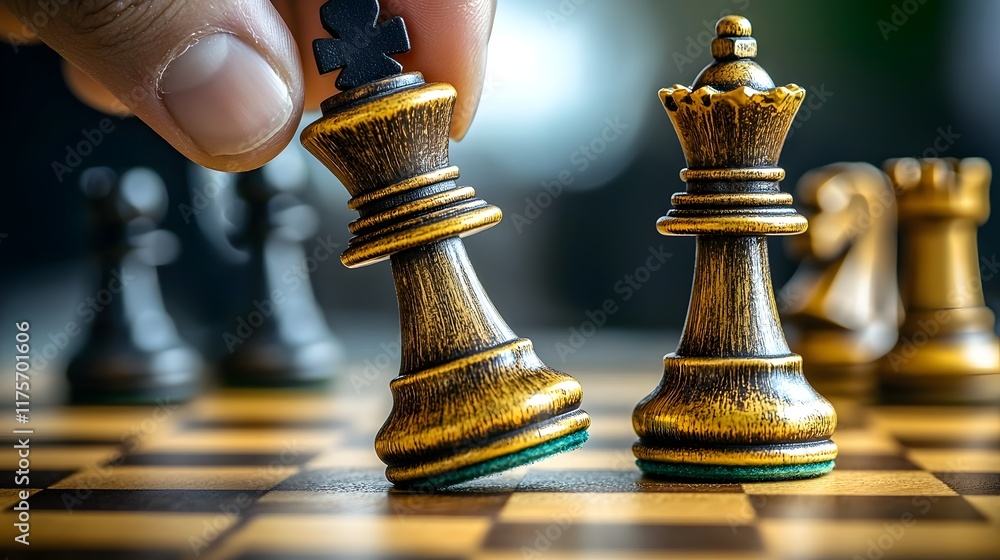 Poster close up view of a gleaming golden chess piece being held in a hand from an upward angle suggesting 