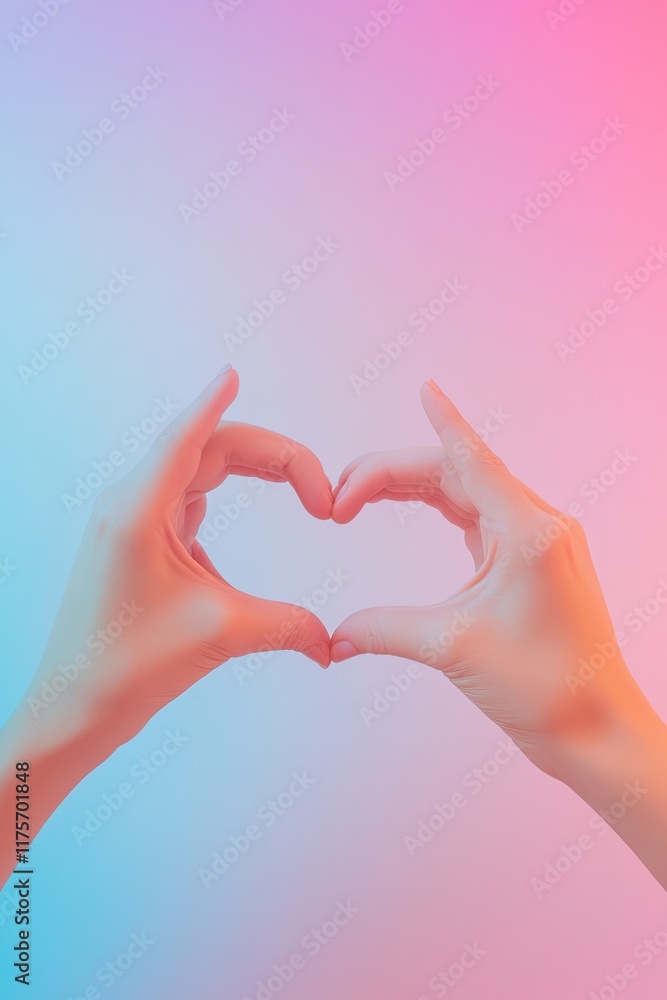 Poster flat lay of hands forming heart shape on gradient surface transitioning from pastel pink to blue