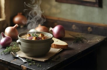 Close up view of a steaming bowl of freshly made French onion soup and its fresh ingredients next to it, on a rustic wooden table. Shallow depth of field and copy space.