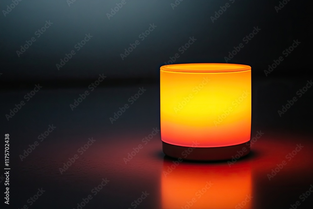 Poster glowing lamp placed in dark room with light casting gradient from bright to shadowed on smooth surfa