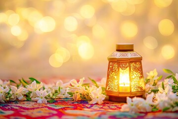 glowing lantern placed on colorful patterned carpet surrounded by jasmine flowers