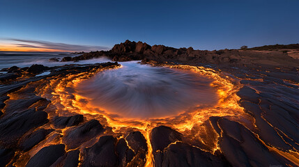 Coastal volcanic rock pool glowing orange at sunset.