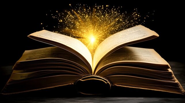 Glowing golden light bursting forth from the pages of an open book representing the transformative power of knowledge learning