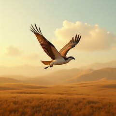 Fototapeta premium A bird, possibly a hawk, is captured in flight over a vast, golden field, with a hazy horizon and clouds in the distance during sunset.