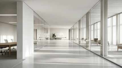 Modern Minimalist Office Interior Design: Bright, Spacious Workspace with Glass Walls and Natural Light