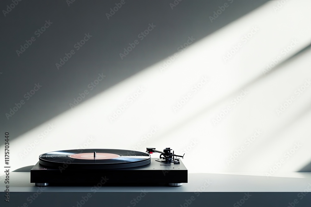 Poster minimalist display of record spinning on turntable with soft light creating subtle shadows