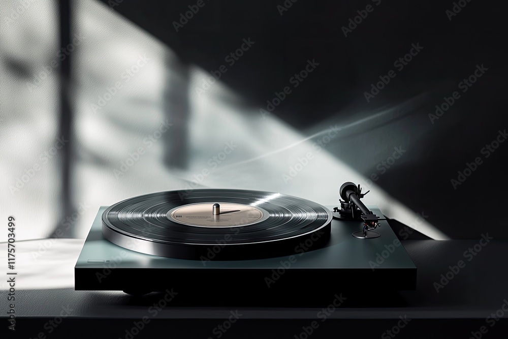 Poster minimalist display of record spinning on turntable with soft light creating subtle shadows
