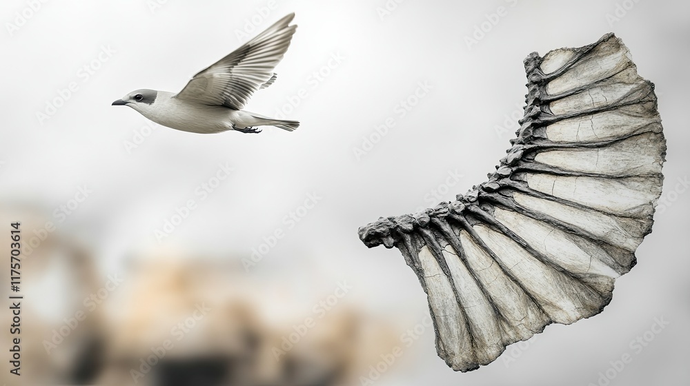 Poster modern bird soaring in sky with blurred fossilized wing displayed in foreground
