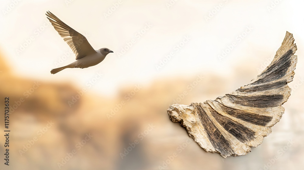 Poster modern bird soaring in sky with blurred fossilized wing displayed in foreground