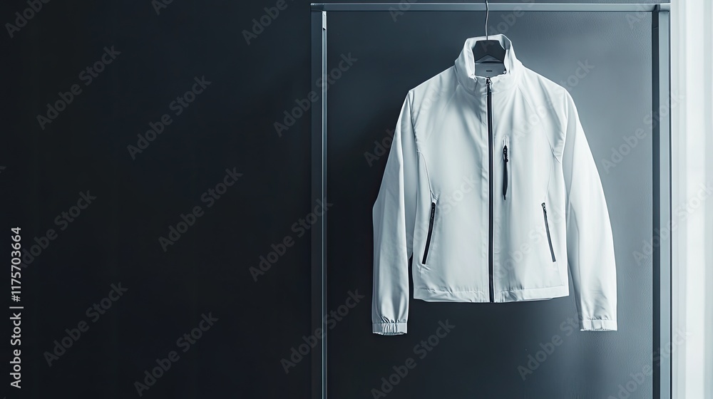 Poster modern sports jacket paired with slim-fit track pants displayed in minimalistic setting with ample c
