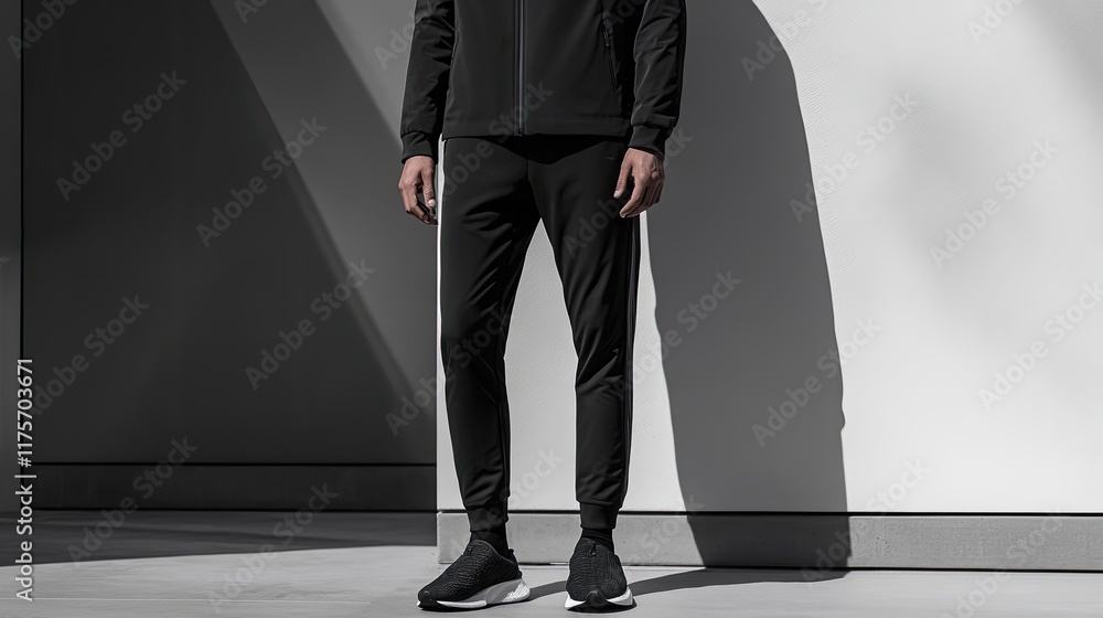 Poster modern sports jacket paired with slim-fit track pants displayed in minimalistic setting with ample c