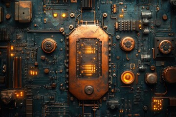 vibrant copper and zinc elements entwined in an industrial backdrop showcasing gears and circuits highlighting their significance in technology and construction